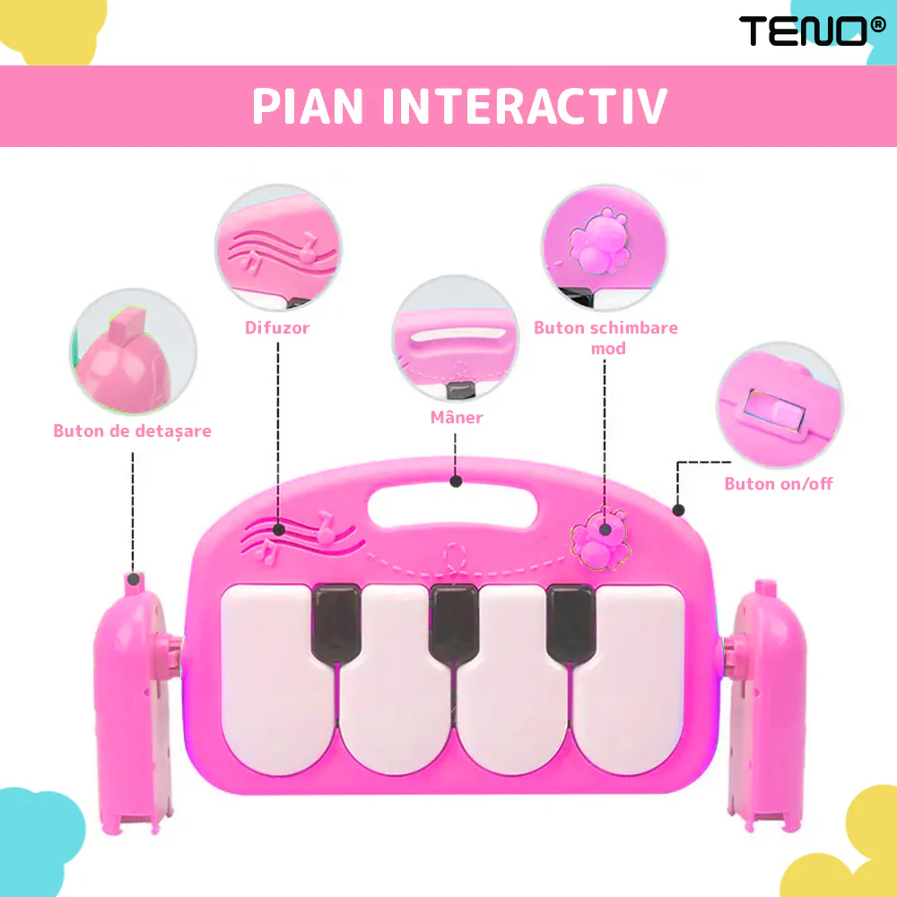 Centru de Activitati si Joaca, Saltea Interactiva pentru Copii / Bebe cu Sunete, Multifunctional, Pian si Oglinda Detasabile, Jucarii Zornaitoare, 4 Moduri de Joaca Interactive si Educative [7]