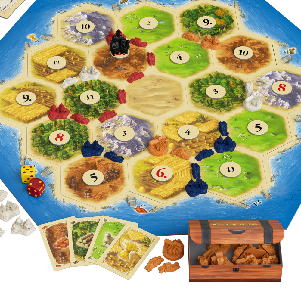 Joc de Societate CATAN – Jocul de baza,  Include 19 Regiuni Hexagonale, 6 Margini, 18 Jetoane Numerotate, Figurina Hot, 2 Zaruri, Regulament, Suporturi pentru Carti, Cutiute pentru Figurine, Carti de Dezvoltare, Resurse, Speciale, Costuri de Constructie [2]