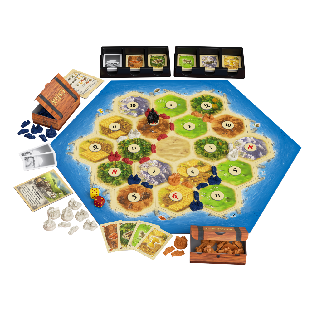 Joc de Societate CATAN – Jocul de baza,  Include 19 Regiuni Hexagonale, 6 Margini, 18 Jetoane Numerotate, Figurina Hot, 2 Zaruri, Regulament, Suporturi pentru Carti, Cutiute pentru Figurine, Carti de Dezvoltare, Resurse, Speciale, Costuri de Constructie [3]