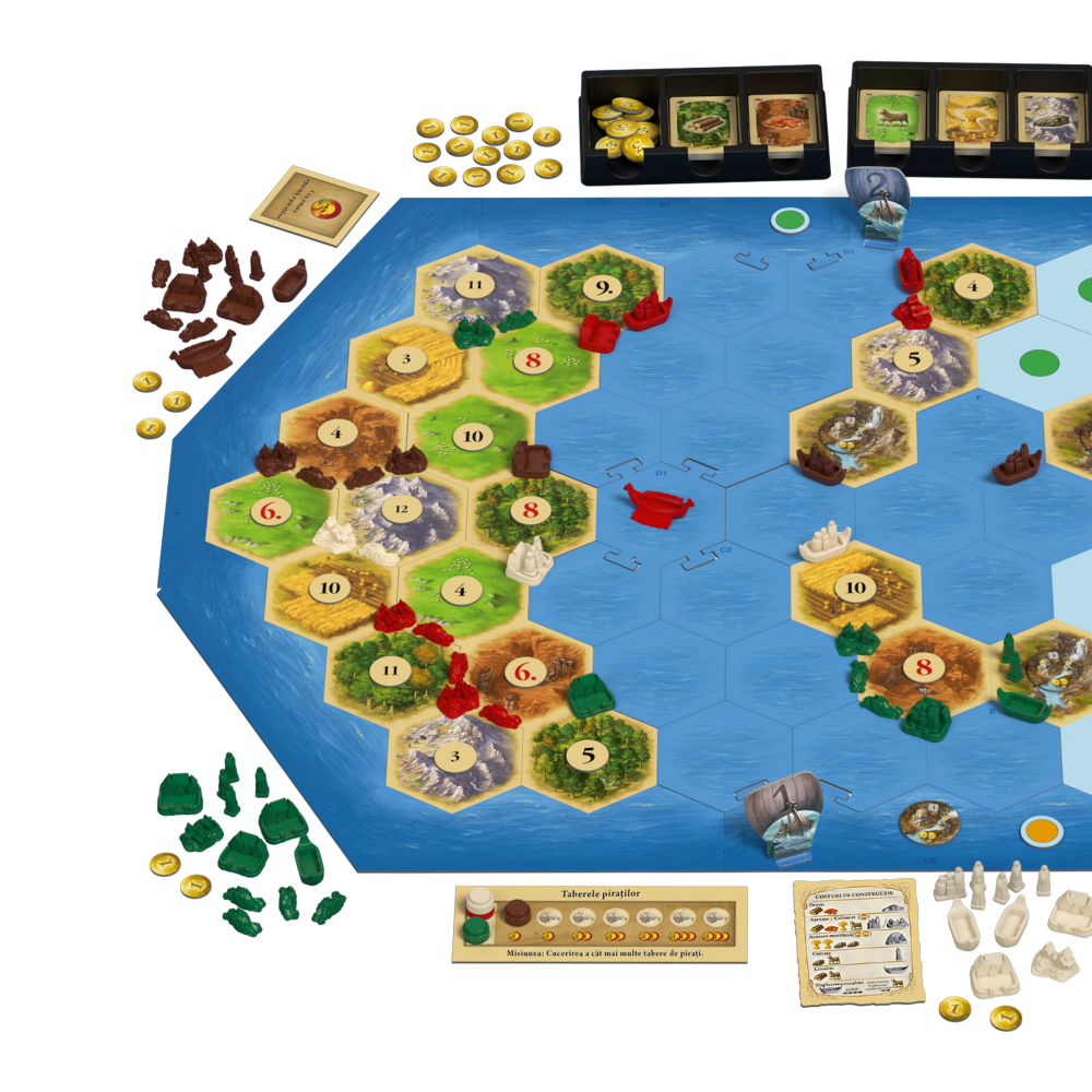 Joc de Societate CATAN – Jocul de baza,  Include 19 Regiuni Hexagonale, 6 Margini, 18 Jetoane Numerotate, Figurina Hot, 2 Zaruri, Regulament, Suporturi pentru Carti, Cutiute pentru Figurine, Carti de Dezvoltare, Resurse, Speciale, Costuri de Constructie [4]