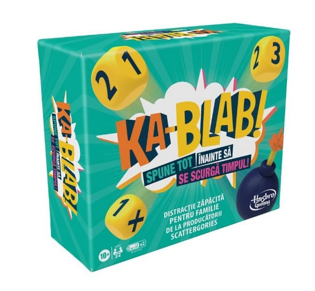 Joc de societate Ka-Blab! spune tot inainte sa se scurga tipul; in lb. romana; continut: cronometru ( 2baterii AAA neincluse); 3zaruri; 200carti de joc; 18jetoane; varta min. 10+ani [4]