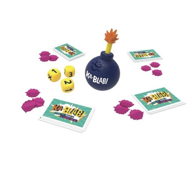 Joc de societate Ka-Blab! spune tot inainte sa se scurga tipul; in lb. romana; continut: cronometru ( 2baterii AAA neincluse); 3zaruri; 200carti de joc; 18jetoane; varta min. 10+ani [3]