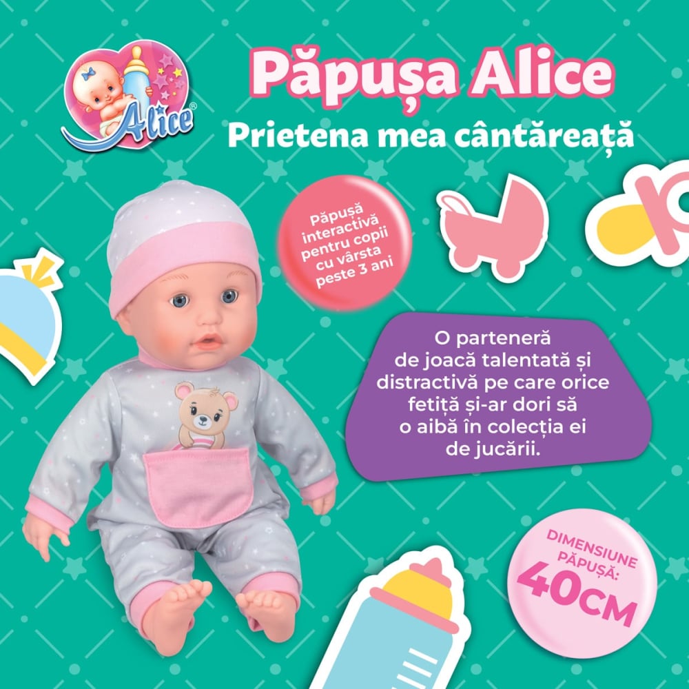 Jucarie Interactiva  pentru Copii , Papusa  Bebelus Alice - 6 Cantecele in Limba Romana ,  Functie de Inregistrare Voce  Inclusa , Dimensiune Bebelus 40 Cm [1]