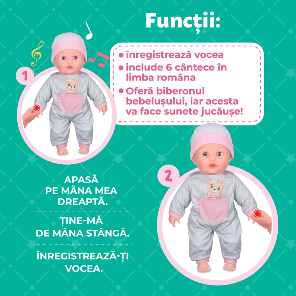 Jucarie Interactiva  pentru Copii , Papusa  Bebelus Alice - 6 Cantecele in Limba Romana ,  Functie de Inregistrare Voce  Inclusa , Dimensiune Bebelus 40 Cm [2]