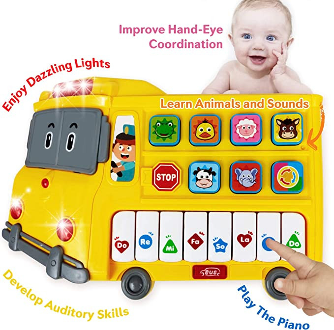 Jucarie Muzicala Educativa, Autobuz Scolar Interactiv pentru Bebelusi cu Lumini si Sunete de Animalute, Galben [1]