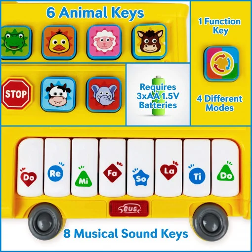 Jucarie Muzicala Educativa, Autobuz Scolar Interactiv pentru Bebelusi cu Lumini si Sunete de Animalute, Galben [5]