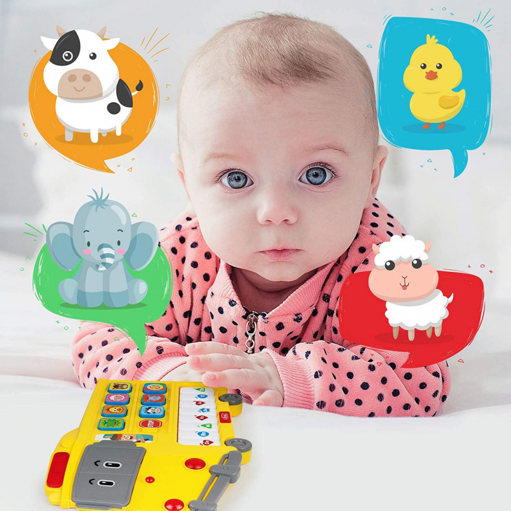 Jucarie Muzicala Educativa, Autobuz Scolar Interactiv pentru Bebelusi cu Lumini si Sunete de Animalute, Galben [3]