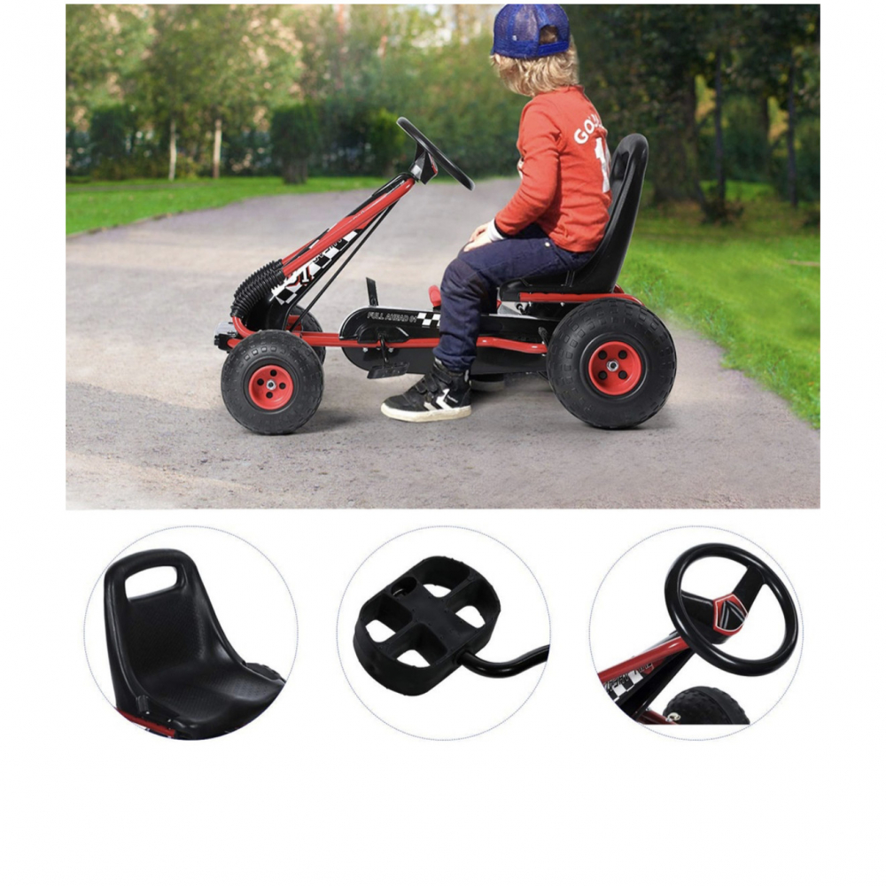 Kart cu Pedale pentru Copii Racer Air, Scaun Reglabil 2 Pozitii, Frana pe  Rotile din  Spate,  Schimbator cu Functie Free Wheel, Negru-Rosu [2]