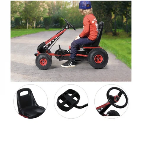 Kart cu Pedale pentru Copii Racer Air, Scaun Reglabil 2 Pozitii, Frana pe  Rotile din  Spate,  Schimbator cu Functie Free Wheel, Negru-Rosu [7]