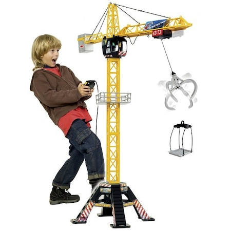 Descriere Macara Dickie Toys, cu telecomanda, 120 cm inaltime            Dickie Toys – Mega Crane (120 cm) – Macara de jucarie foarte mare, cu telecomanda, troliu cu cablu, brat de prindere, se roteste la 360°.     Aceasta macara XXL are o cabina deschisa pentru sofer, cu spatiu pentru o figurina de jucarie. Cu o inaltime de 1.2 metri, macaraua are un design impunator, atragator, care este garantat sa fie punctul culminant al oricarei gropi cu nisip sau dormitor pentru copii! Cu telecomanda intuitiva cu 4 butoane, copiii pot controla macaraua, bratul de prindere, troliul cu cablu si caruciorul pentru a muta masini mici, blocuri de constructie sau jucarii dragalase.     Mega Crane poate fi echipata cu bratul de prindere sau suportul de incarcare furnizat pentru a transporta diferite obiecte – exact ca pe un santier real!       Ambalajul ecologic ofera o experienta distractiva de despachetare si creeaza deseuri minime. De asemenea, ofera o protectie optima impotriva daunelor in timpul transportului.  Mega Macara Dickie Toys de 120 cm – un must-have pentru tinerii constructori in devenire!     Copiii mici sunt fascinati de santierele de constructii – multi copii viseaza sa devina constructor sau sofer de macara. Aceasta macara de jucarie plina de caracteristici este modalitatea perfecta de a introduce tinerii constructori in devenire in lumea constructiilor. Vine cu doua accesorii diferite, care pot fi folosite pentru a transforma macaraua in cativa pasi simpli pentru a transporta obiecte mai mari. Suportul de incarcatura este proiectat pentru obiecte grele si voluminoase, in timp ce bratul de prindere poate fi folosit pentru a ridica obiecte mai mici.     Dickie Mega Crane poate fi folosita in timp ce stati jos sau in picioare. in partea de sus a macaralei exista o cabina a soferului cu spatiu pentru o figurina de jucarie (disponibila separat), in timp ce telecomanda va permite sa ridicati diferite obiecte si sa le transportati de la A la B – posibilitatile sunt nelimitate!     Telecomanda (necesita 6 baterii AA de 1,5 V, neincluse) ofera numeroase functii diferite pentru controlul macaralei.     Micutul tau va invata rapid ce obiecte pot fi ridicate cu bratul de prindere si cand sa foloseasca suportul mare de incarcare. Procedand astfel, ei vor invata despre proportii si principiile mecanice simple.   Specificatii Caracteristici generale  Control	Telecomanda Set	Nu Varsta	4 ani 5 ani 6 ani 7 ani 8 ani Material	Plastic Abilitati dezvoltate	Coordonarea Concentrarea Identificare Explorare Cunoastere Poveste/Personaj	Alte personaje Culoare	Negru Galben Continut pachet	1 x Macara cu telecomanda Dimensiuni  Latime	120 cm Brand: Dickie toys [2]