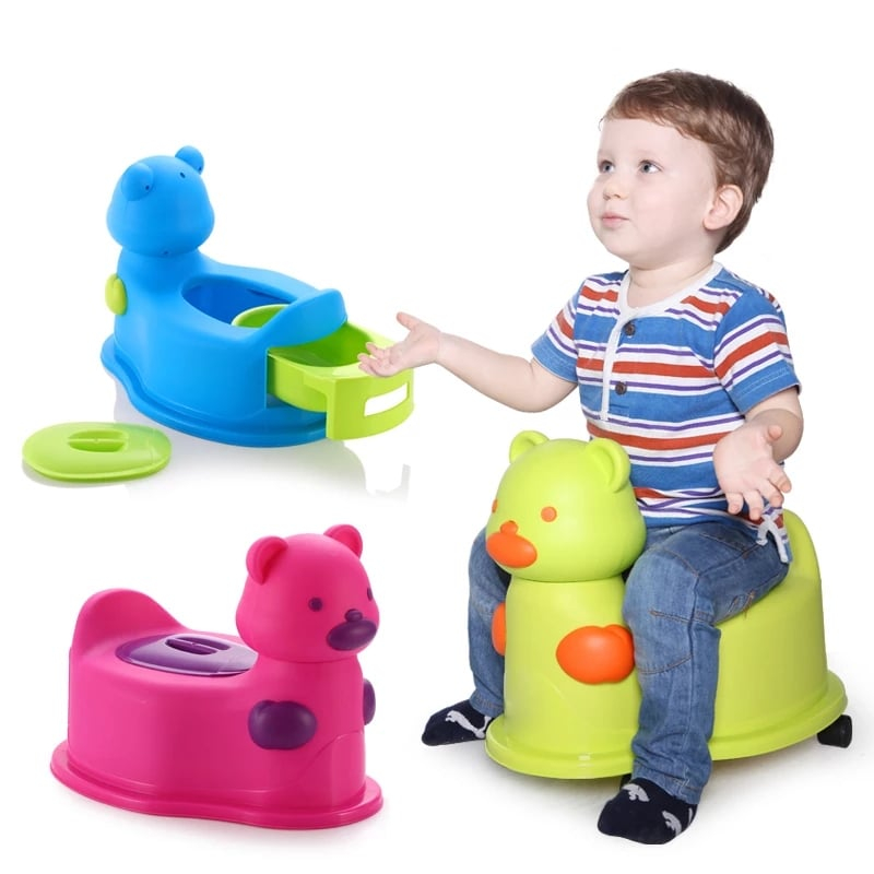 Olita Scaunel pentru Bebelusi, Vas Colector si Capac Detasabil, Design Modern si Ergonomic - Model Ursulet   Albastru cu Verde [6]