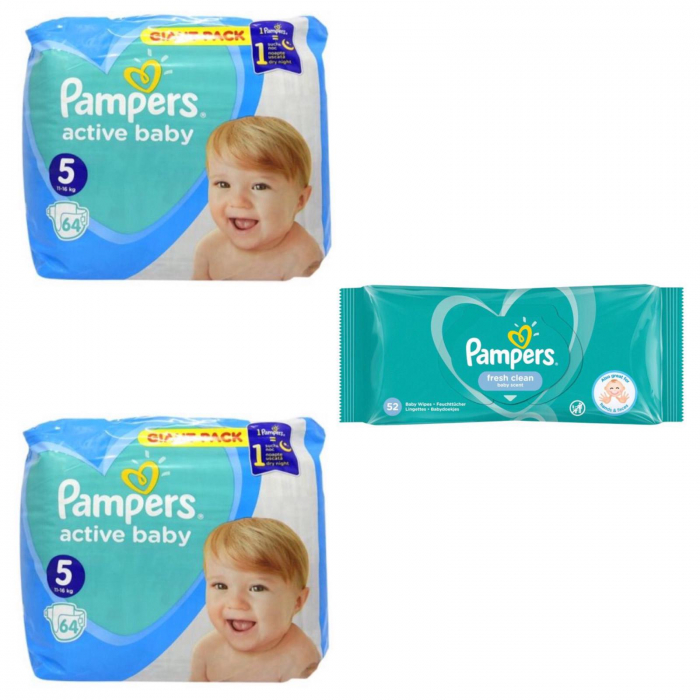 Pachet 2 x Scutece Pampers Active Baby nr. 5, 11-16 kg, 64 buc + Servetele umede Pampers Fresh Clean, 1 x 52buc [2]