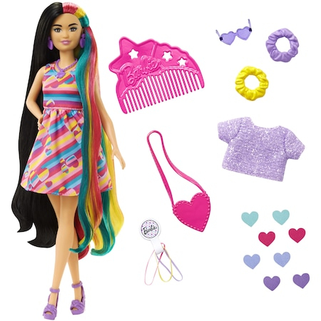 Papusa Barbie Totally Hair,cu Multiple Accesorii, Par Ondulat Brunet - 15 Piese Suplimentare, inclusiv 8 agrafe de par cu schimbare de culoare, Accesorii pentru Coafare si o Moda Suplimentara. [2]