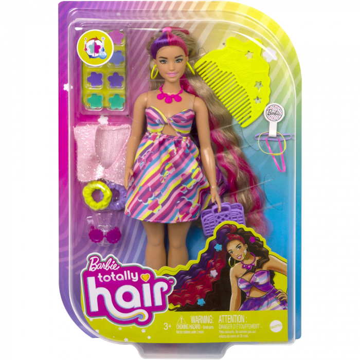 Papusa Barbie Totally Hair cu Multiple Accesorii,  Par Ondulat Saten - 15 Piese Suplimentare, inclusiv 8 agrafe de par cu schimbare de culoare, Accesorii pentru Coafare si o Moda Suplimentara [1]