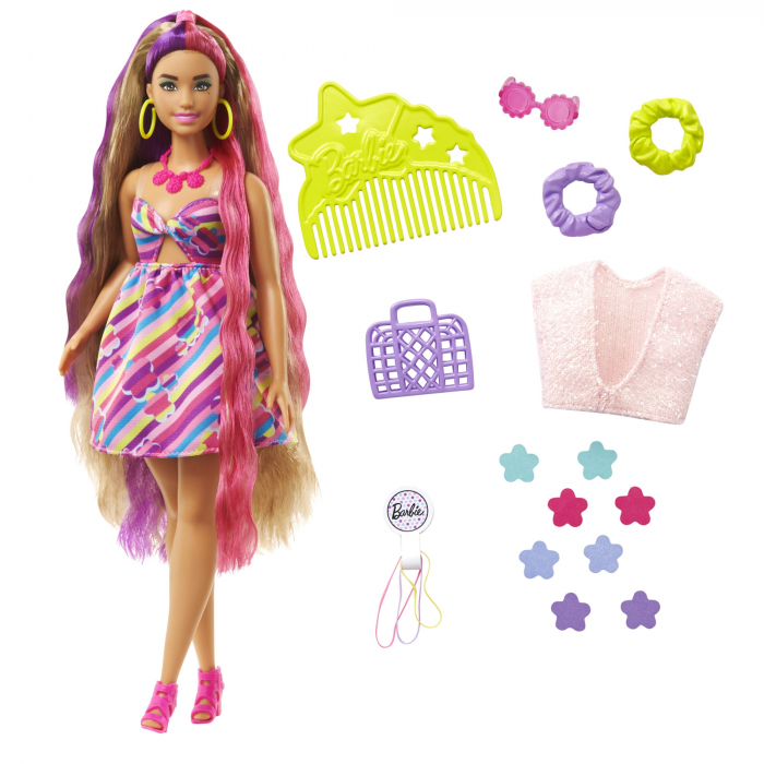 Papusa Barbie Totally Hair cu Multiple Accesorii,  Par Ondulat Saten - 15 Piese Suplimentare, inclusiv 8 agrafe de par cu schimbare de culoare, Accesorii pentru Coafare si o Moda Suplimentara [2]