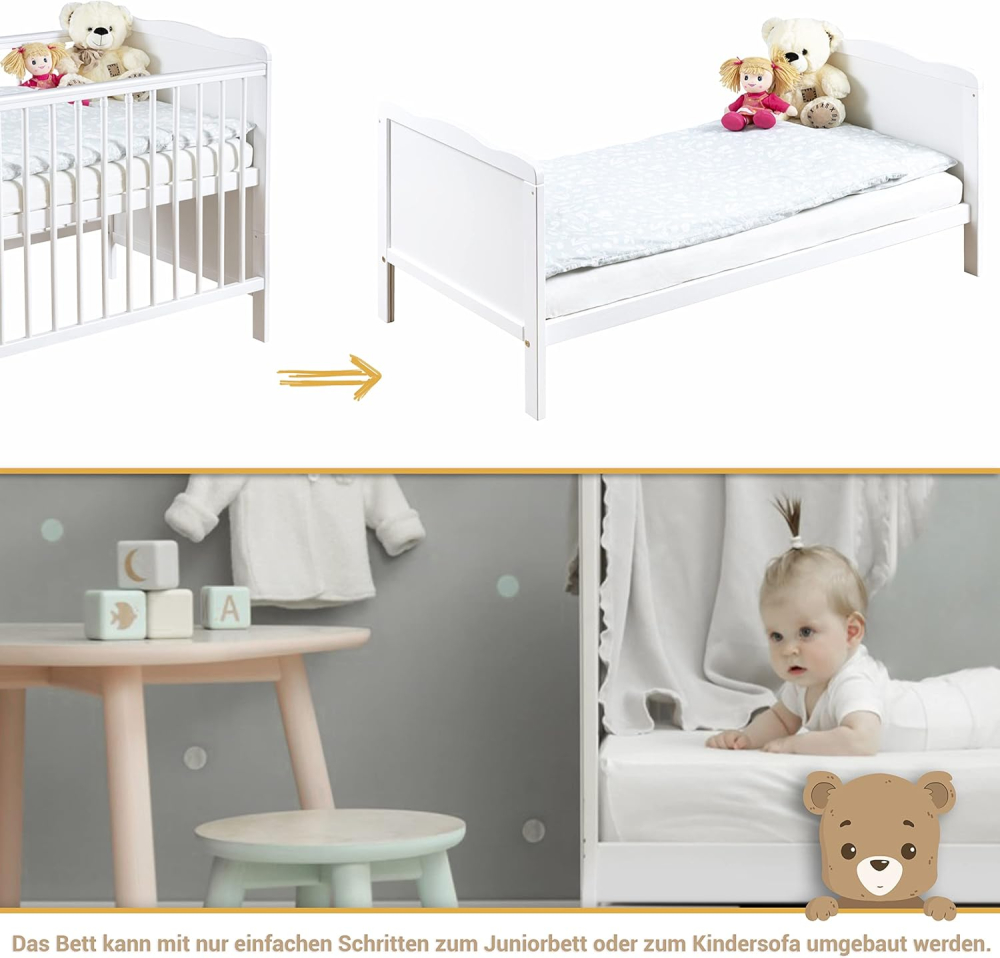 Patut 2in1 pentru Bebelusi si Juniori - Smart  Co-Sleeper -  Laterala Detasabila ,  Tranformabil in Pat Junior,  100% Lemn  Masiv de Fag,, 3 Nivele  de Inaltime,  120x60 CM - Alb [9]
