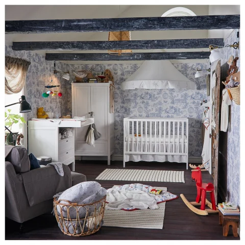 Patut din Lemn din Lemn Masiv de Fag -  Co - Sleeper  Multifunctional - Transformabil in Pat Junior Utilizabil pana la 6-7 Ani , Dimensiune 120x60  CM - ALB [22]