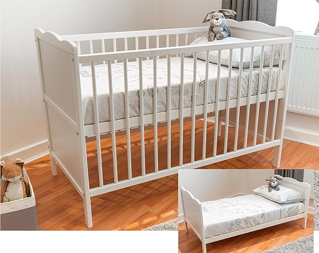 Patut  pentru Bebelusi din Lemn Masiv de Fag -  Co - Sleeper  Multifunctional - Transformabil in Pat Junior Utilizabil pana la 6-7 Ani , Dimensiune 120x60  CM - ALB [2]