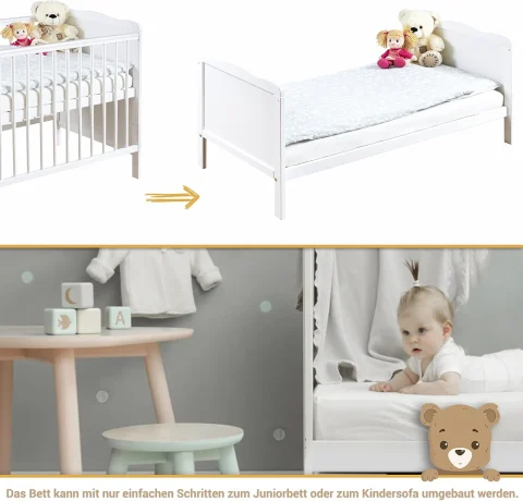 Patut 2 in1 pentru Bebelusi din Lemn Masiv de Fag   Multifunctional,   Co - Sleeper  - Transformabil in Pat Junior,  Utilizabil pana la 6-7 Ani , Dimensiune 120x60  CM - ALB [6]