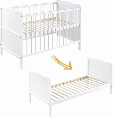Patut 2 in1 pentru Bebelusi din Lemn Masiv de Fag   Multifunctional,   Co - Sleeper  - Transformabil in Pat Junior,  Utilizabil pana la 6-7 Ani , Dimensiune 120x60  CM - ALB [2]
