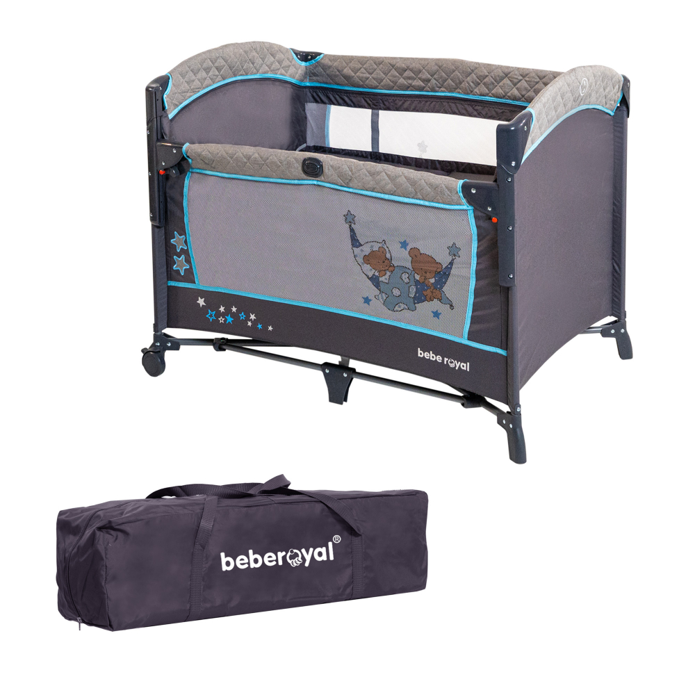Patut Pliant 2 in 1 DeLuxe pentru bebelusi si copii, 2 Nivele si Margini de Catifea , Laterala Culisanta si Intrare Laterala , Masuta de Infasat , Gry cu Albastru [16]