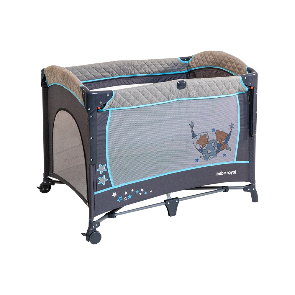Patut Pliant 2 in 1 DeLuxe pentru bebelusi si copii, 2 Nivele si Margini de Catifea , Laterala Culisanta si Intrare Laterala , Masuta de Infasat , Gry cu Albastru [17]