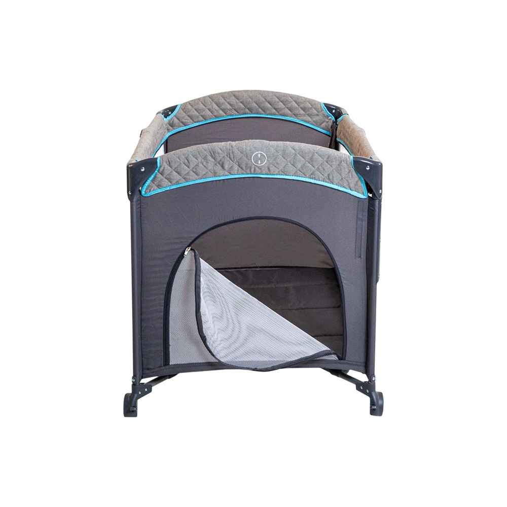 Patut Pliant 2 in 1 DeLuxe pentru bebelusi si copii, 2 Nivele si Margini de Catifea , Laterala Culisanta si Intrare Laterala , Masuta de Infasat , Gry cu Albastru [18]