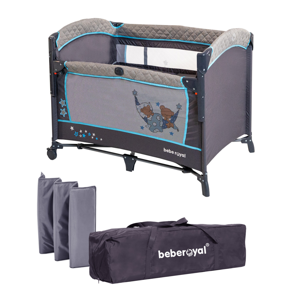 Patut Pliant 2 in 1 DeLuxe pentru bebelusi si copii, 2 Nivele si Margini de Catifea , Laterala Culisanta si Intrare Laterala , Masuta de Infasat , Gry cu Albastru [14]