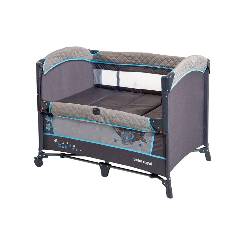 Patut Pliant 2 in 1 DeLuxe pentru bebelusi si copii, 2 Nivele si Margini de Catifea , Laterala Culisanta si Intrare Laterala , Masuta de Infasat , Gry cu Albastru [12]
