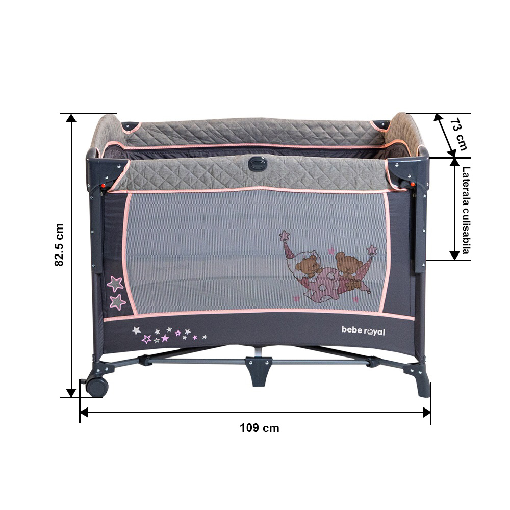 Patut Pliant 2 in 1 DeLuxe pentru bebelusi si copii, 2 Nivele si Margini de Catifea , Laterala Culisanta si Intrare Laterala , Masuta de Infasat , Roz [10]