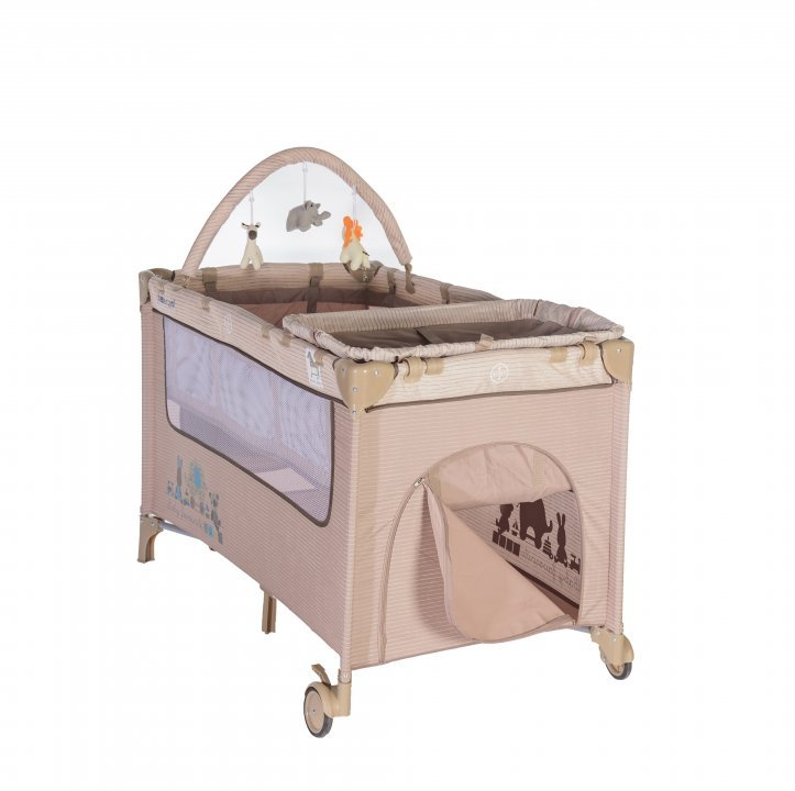 Patut Pliant Voiaj pentru Bebelusi si Copii  Sleepy Baby, 2 Nivele, Portabil, Etaj Intermediar Nou-Nascuti, Bara cu Jucarii, Masuta de Infasat, Salteluta, Intrare Laterala, Geanta Transport - Crem Multicolor [6]