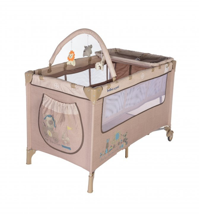 Patut Pliant Voiaj pentru Bebelusi si Copii  Sleepy Baby, 2 Nivele, Portabil, Etaj Intermediar Nou-Nascuti, Bara cu Jucarii, Masuta de Infasat, Salteluta, Intrare Laterala, Geanta Transport - Crem Multicolor [2]