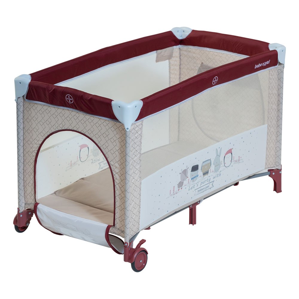 Patut / Tarc de Joaca, Pliant 2 in 1 pentru Bebelusi si Copii Voiaj Sleepy Baby, 2 Nivele, Intrare Laterala, Portabil, Etaj Intermediar Nou-Nascuti, Masuta de Infasat, Geanta Transport -Grena /Bej [3]