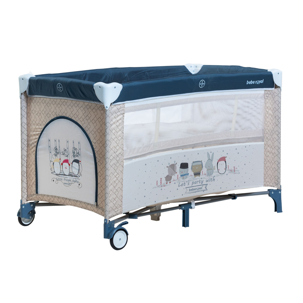 Patut / Tarc de Joaca, Pliant 2 in 1 pentru Bebelusi si Copii Voiaj Sleepy Baby, 2 Nivele, Intrare Laterala, Portabil, Etaj Intermediar Nou-Nascuti, Masuta de Infasat, Geanta Transport -Albastru/Bej [4]