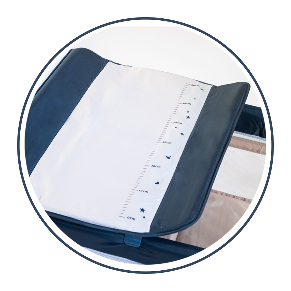 Patut / Tarc de Joaca, Pliant 2 in 1 pentru Bebelusi si Copii Voiaj Sleepy Baby, 2 Nivele, Intrare Laterala, Portabil, Etaj Intermediar Nou-Nascuti, Masuta de Infasat, Geanta Transport -Albastru/Bej [6]