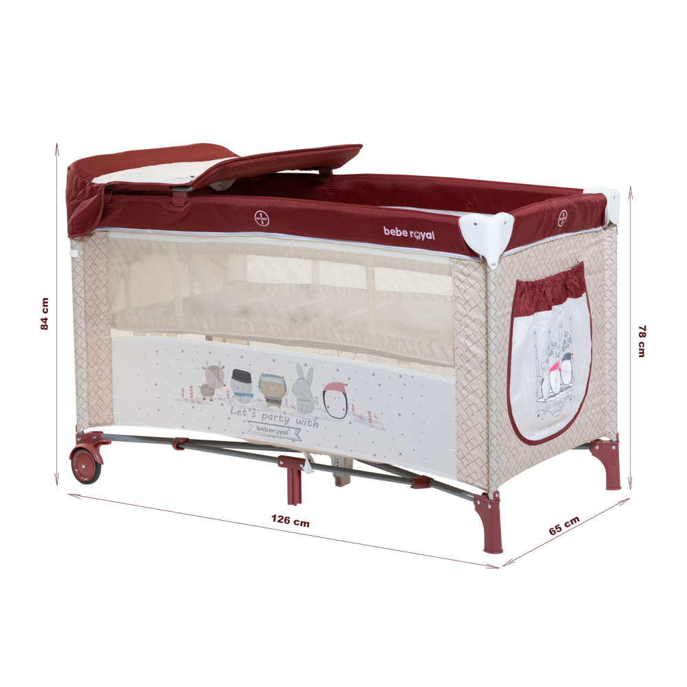 Patut / Tarc de Joaca, Pliant 2 in 1 pentru Bebelusi si Copii Voiaj Sleepy Baby, 2 Nivele, Intrare Laterala, Portabil, Etaj Intermediar Nou-Nascuti, Masuta de Infasat, Geanta Transport -Grena /Bej [5]