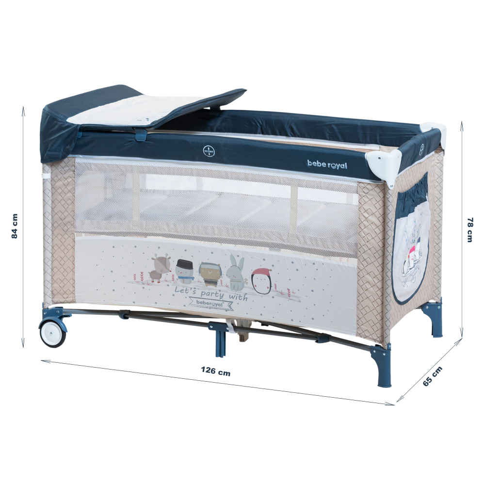 Patut / Tarc de Joaca, Pliant 2 in 1 pentru Bebelusi si Copii Voiaj Sleepy Baby, 2 Nivele, Intrare Laterala, Portabil, Etaj Intermediar Nou-Nascuti, Masuta de Infasat, Geanta Transport -Albastru/Bej [2]