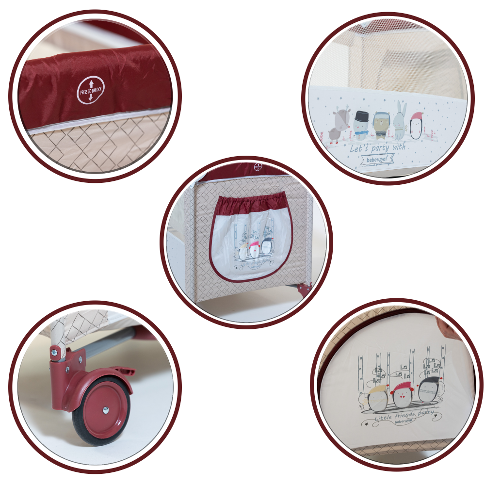 Patut / Tarc de Joaca, Pliant 2 in 1 pentru Bebelusi si Copii Voiaj Sleepy Baby, 2 Nivele, Intrare Laterala, Portabil, Etaj Intermediar Nou-Nascuti, Masuta de Infasat, Geanta Transport -Grena /Bej [6]