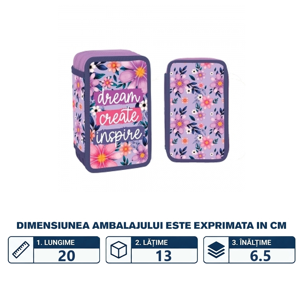 Penar Scolar Echipat pentru Fetite - Dream Create Inspire - 3  X Compartimente cu Fermoar, Model Floral, Violet [4]