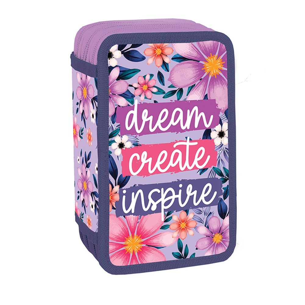Penar Scolar Echipat pentru Fetite - Dream Create Inspire - 3  X Compartimente cu Fermoar, Model Floral, Violet [2]