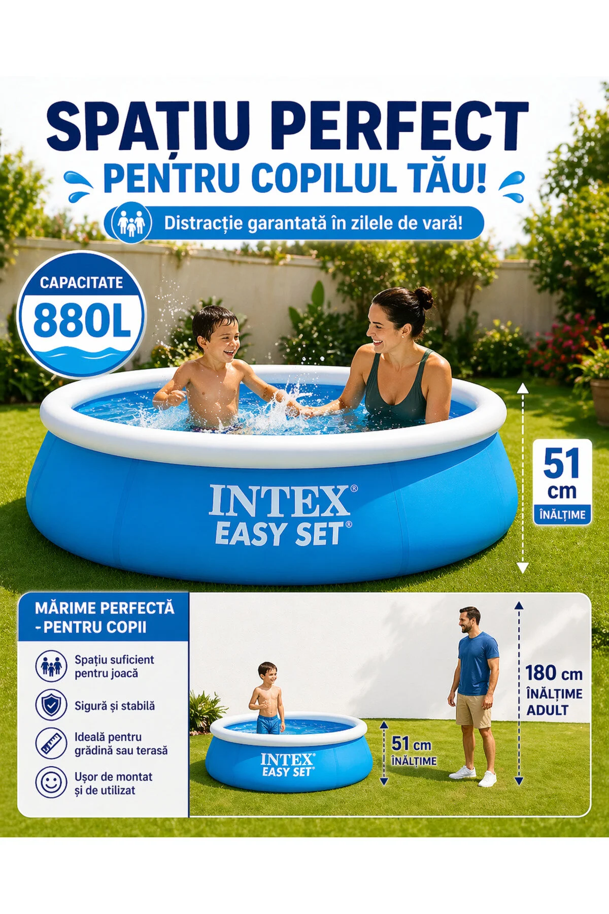 Piscina  Rotunda Gonflabila Supraterana , Fast Easy Family Set,  Instalare Rapida in 10 Minute,  183 x 51 cm, 880 l, Kit de  Reparatie Inclus [2]