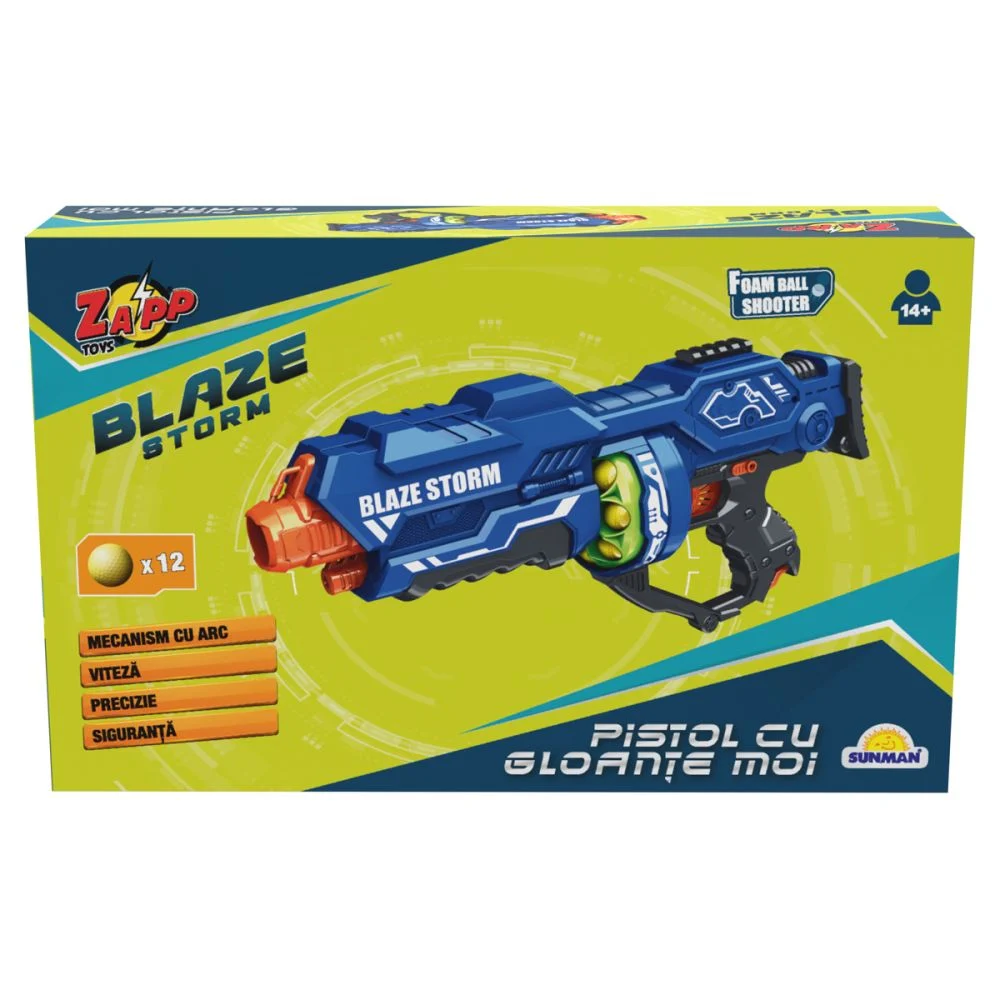 Pistol Electric cu  Raza Lunga de Actiune si Capacitate de Stocare 12 Bile  Moi din Burete, Blaze Storm, Albastru [2]