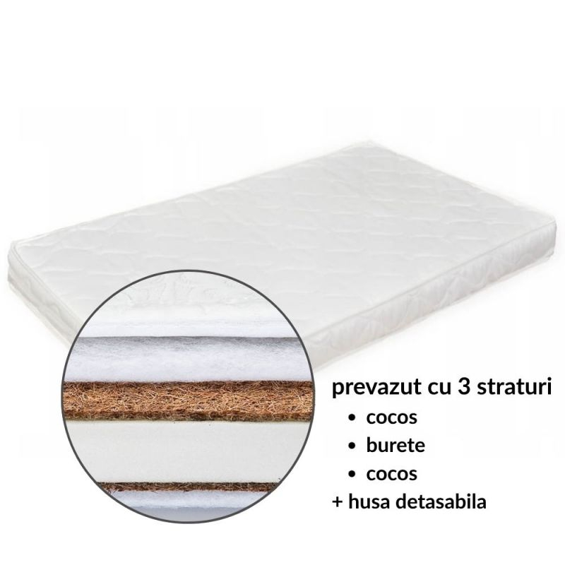 Saltea Copii cu 2x  Fibra de Cocos, Husa Antialergica,Antibacteriana si Lavabila Dimensiuni   60x120x10 CM [6]