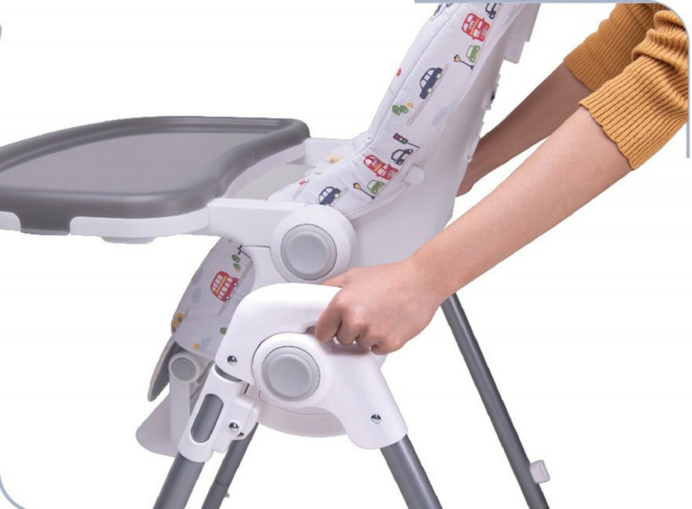 Scaun de Masa pentru  Bebelusi -  Go Baby,  Reglabil in 6 Trepte de Inaltime , Pliabil , Centura de siguranta, Sezut comfortabil, Masuta detasabila, Pozitie somn, Roti cu frana, Model Masinute, Gri [6]