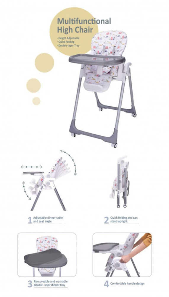 Scaun de Masa pentru  Bebelusi -  Go Baby,  Reglabil in 6 Trepte de Inaltime , Pliabil , Centura de siguranta, Sezut comfortabil, Masuta detasabila, Pozitie somn, Roti cu frana, Model Masinute, Gri [2]