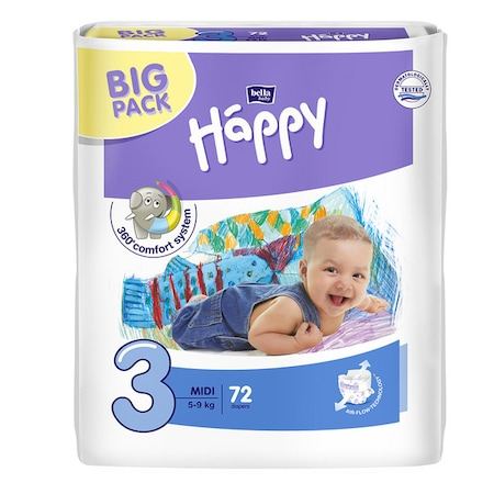 Scutece Happy Big Pack Midi pentru copii de 5-9Kg,  72 bucati EVO [1]