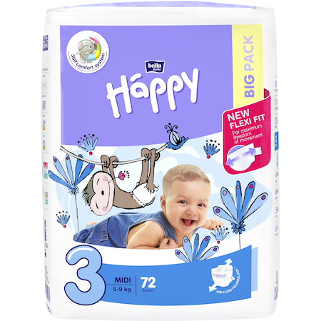 Scutece Happy Midi 3, 5-9 kg Big Pack, 72 buc / Bax - Varianta Veche- Absorbtie Excelenta [1]