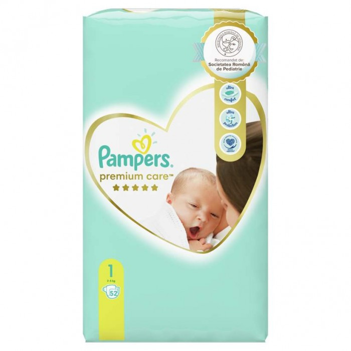 Scutece Pampers Premium Care pentru Nou Nascuti, Absorbtie Instantanee,  Marimea 1, 2-5kg, 52 buc [8]
