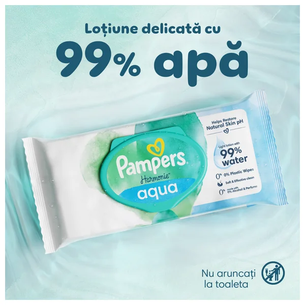 Servetele Umede Pampers Harmonie Aqua, Piele Sensibila, Curatare Delicata,  Fara Parfum cu Ingrediente Naturale, 10 BUC / Pak [4]