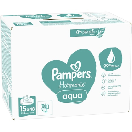 Șervețele Umede Pampers Harmonie Aqua 15 Pachete x 48 Servețele = 720 Servețele pentru Bebeluși, ajută la restabilirea pH-ului natural al pielii, loțiune delicată cu 99% apă pura [8]